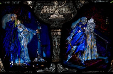 Blue and white medieval figures painted on a dark background