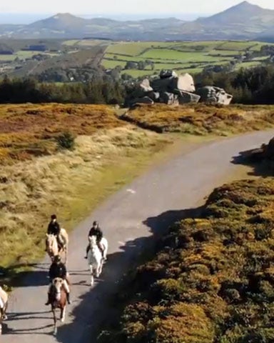 Four horses and riders on a trek through mountainous terrain