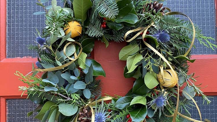 Wreath Hanging on Door with Ribbon
