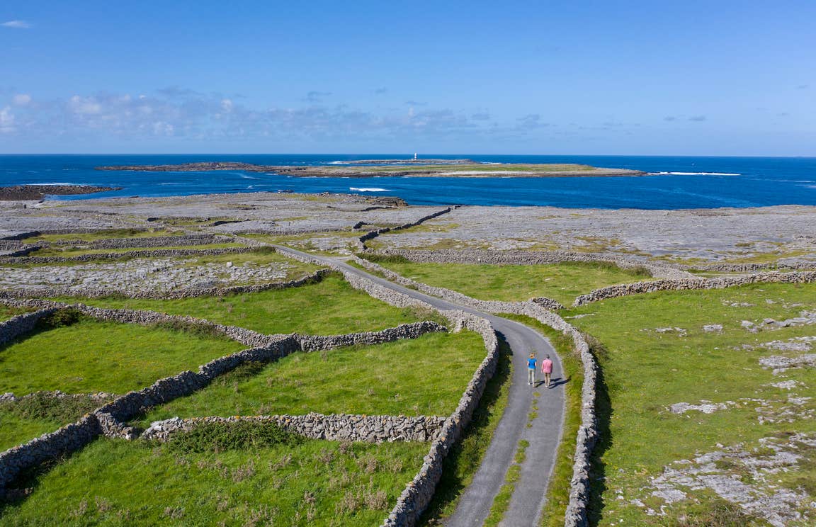 Aerial view of people walking on Inis Mór in Galway