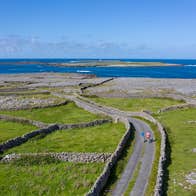 Aerial view of people walking on Inis Mór in Galway