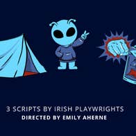 Cartoon image of blue tent and small alien in a hoodie against a black background.