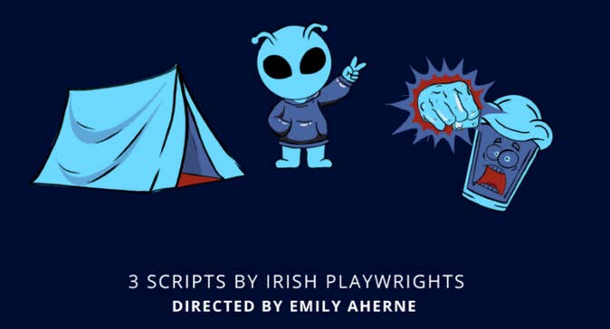 Cartoon image of blue tent and small alien in a hoodie against a black background.
