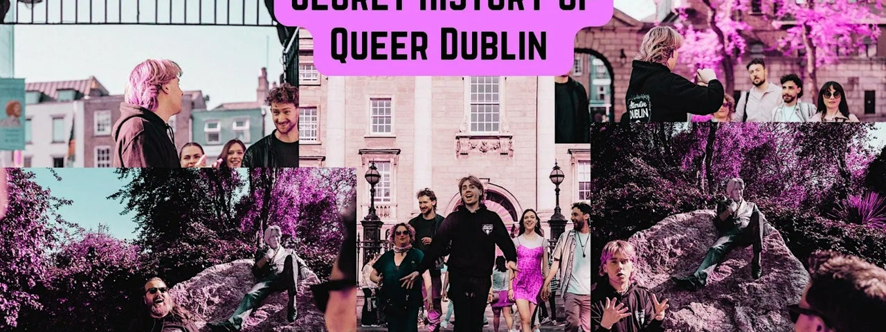 Collection of different photos showing tour guide leading small group to different sites around Dublin.