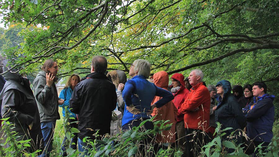 A tour group on a guided eco trail in the woods