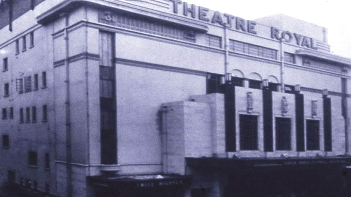Dublin's Theatre Royal Remembered, black and white old photo of a large, square theatre building.