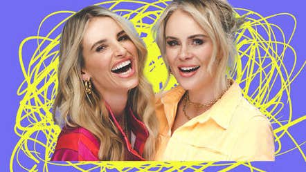 2 women close together both laughing with yellow squiggles around them against purple/blue background