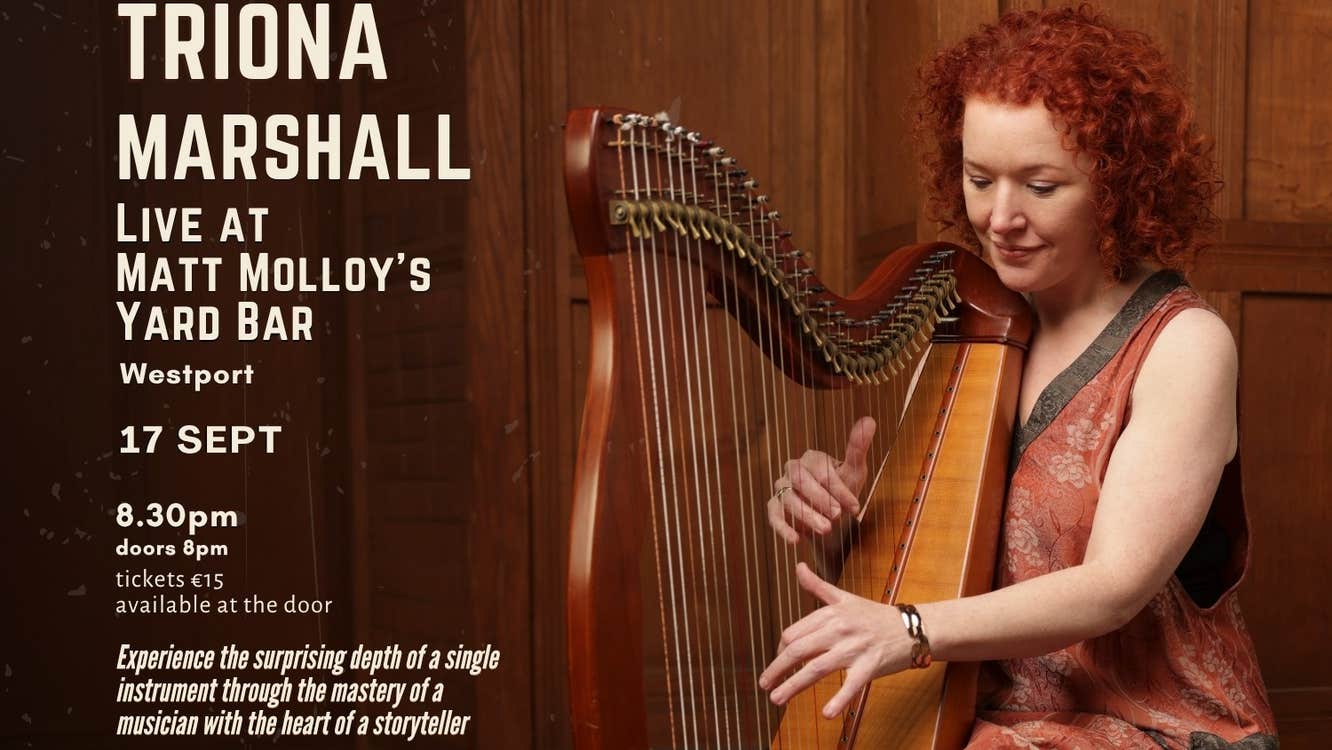 Tríona Marshall at Matt Molloy Yard Bar, a seated woman playing a harp.