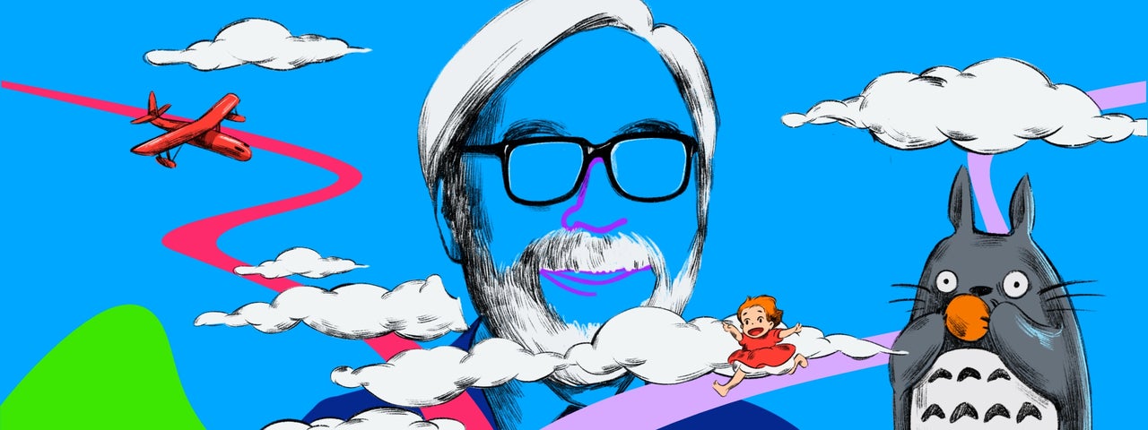 Hayao Miyazaki's Dreams by Mystery Ensemble - cartoon type image of man's head and shoulders wearing glasses but with face completely transparent to the blue sky behind with other cartoon figures.