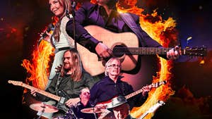 Collage of images of various musicians, mostly playing guitars.