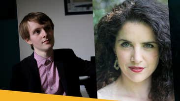 Side by side photos, one of a woman with dark hair looking intently at camer, beside photo of man sitting back on a chair looking thoughtful.