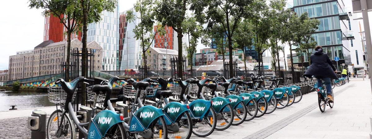 A row of bikes along a Dublin street