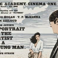 Poster for A Portrait of the Artist as a Young Man, with drawing of a woman on a beach looking at a man in the foreground.