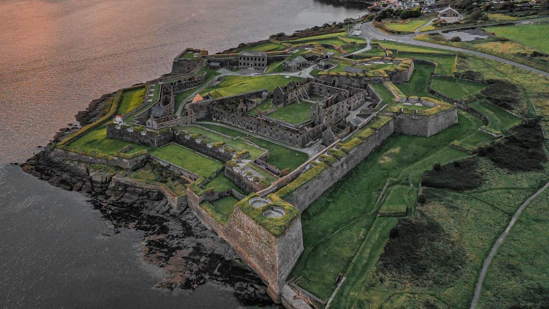 Aerial view of sprawling Charles Fort in Cork at sunset.