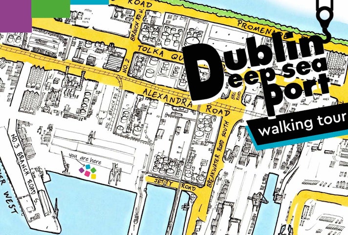 The illustration shows a map of Dublins Deep Sea Port and the surrounding area ,with the route of the Walking Tour marked out on the map.