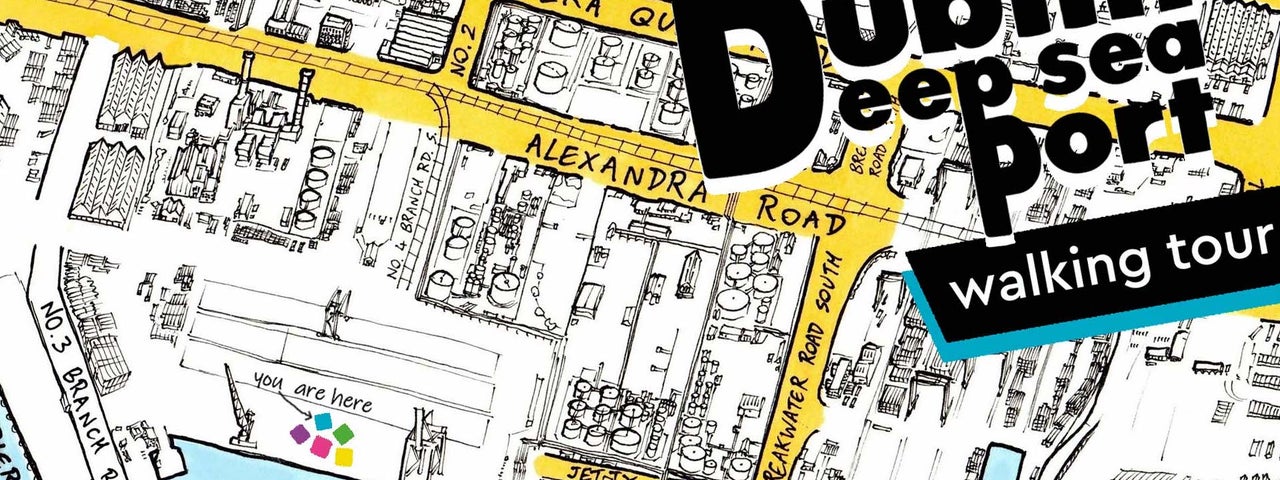 The illustration shows a map of Dublins Deep Sea Port and the surrounding area ,with the route of the Walking Tour marked out on the map.