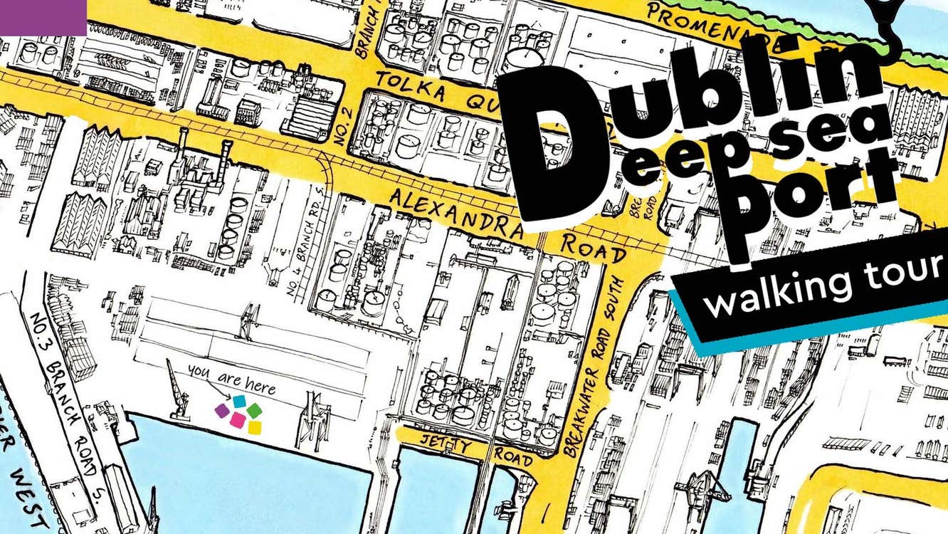 The illustration shows a map of Dublins Deep Sea Port and the surrounding area ,with the route of the Walking Tour marked out on the map.
