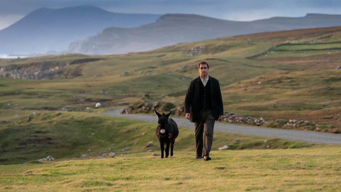 Actor Colin Farrell and Jenny the donkey, from 'The Banshees of Inisherin' can be seen walking through a field on the island while on set.
