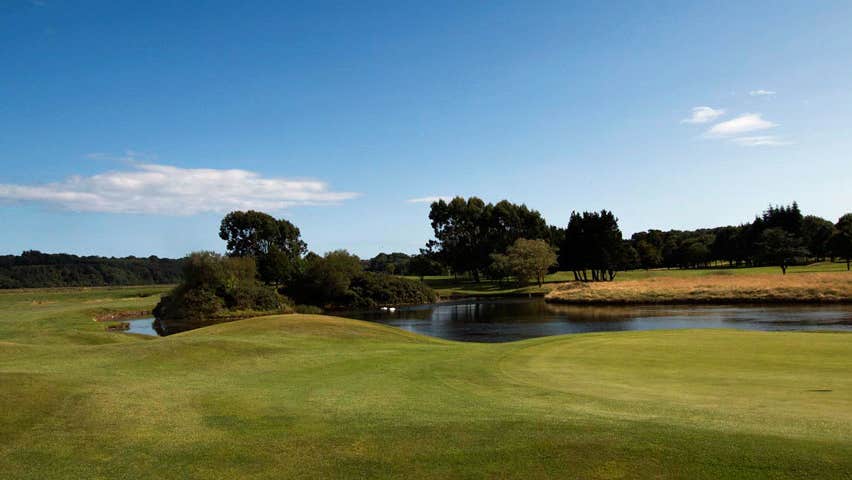 Image of one of the greens at Waterford Castle Golf Club with lake at the back