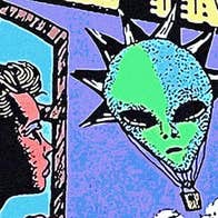 Cartoon grainy image of person looking through an open window at a hot air balloon in the shape of a green alien face with spiky haire