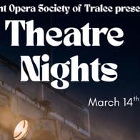 Dark poster with white overlaid text and 2 spotlights in bottom left hand corner.