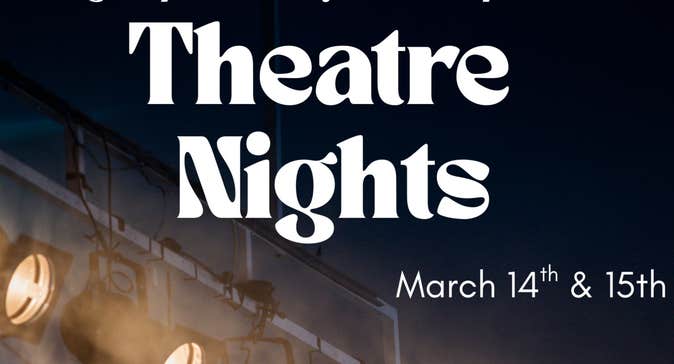 Dark poster with white overlaid text and 2 spotlights in bottom left hand corner.