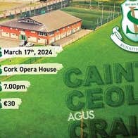 Part of poster showing ariel view of a green pitch and square clubhouse, overlaid with green event text.