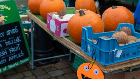 Pumpkins, coconuts and a handmade jack-o'-lantern decoration bring seasonal cheer to a farmers' market stall, alongside fresh local produce.