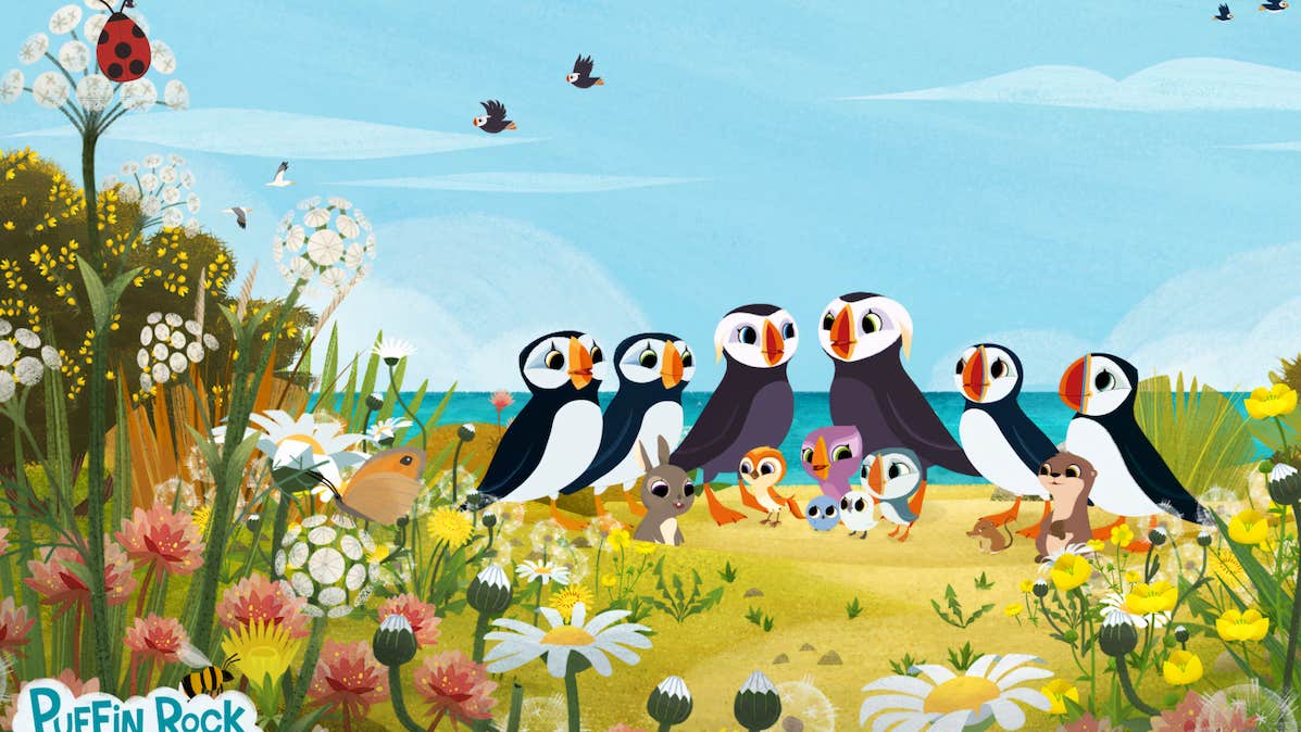A cartoon image of a group of puffin birds with smaller creatures in front of them surrounded by flowers and greenary