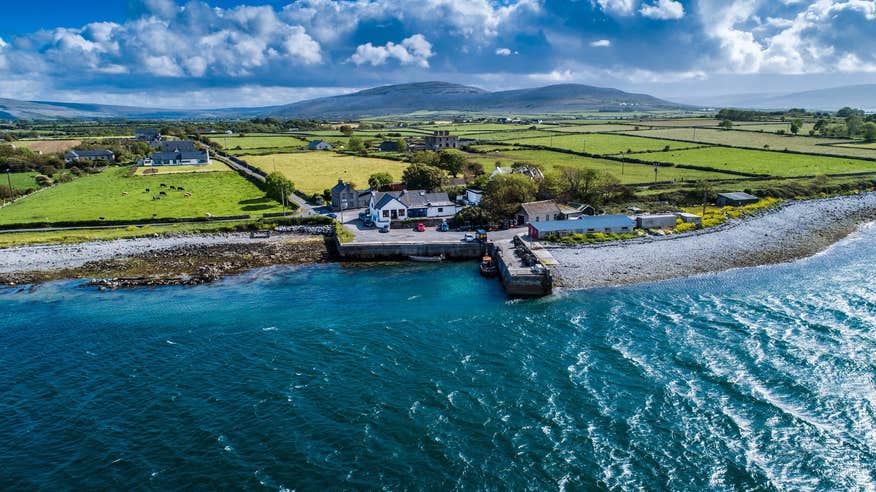 Aerial photo of Linnane's Lobster Bar, with the sea in the foreground of the picture.