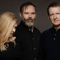Group of 2 men and a woman, her face partially obscured by hair.