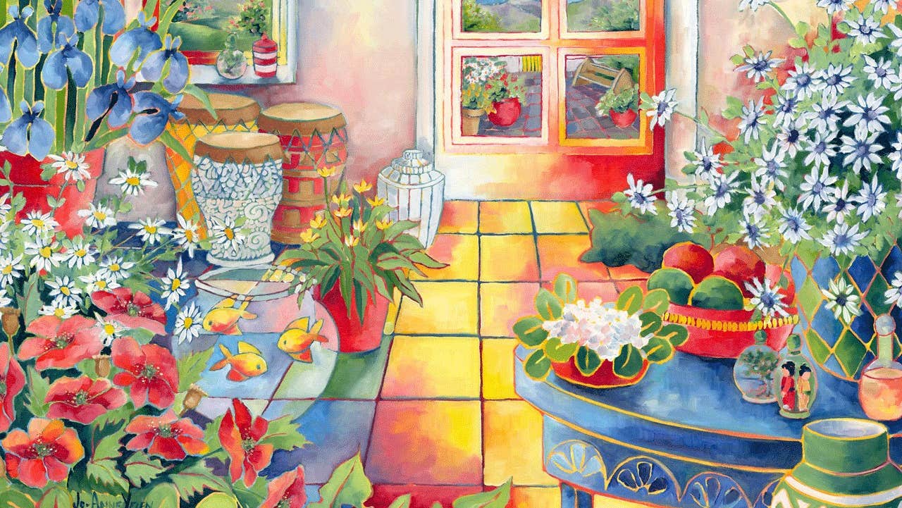 Colourful abstract painting of a summer conservatory