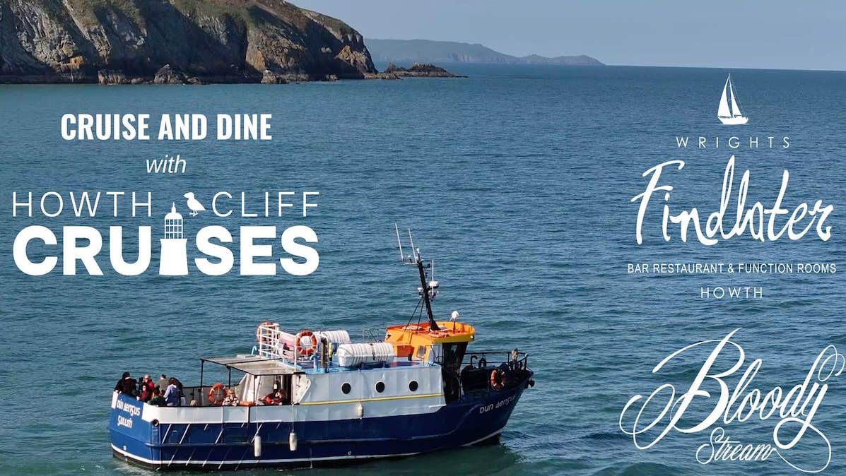 Small boat at sea with cliffs in background overlaid with white text.
