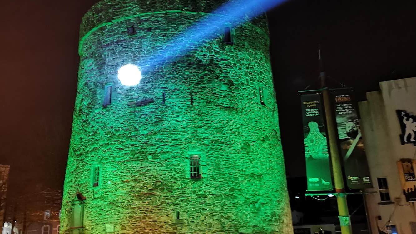Reginald's Tower, Ireland's Oldest Civic Building, Goes Green for St. Patrick's Festival.