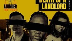 Poster in dull yellow and black with 2 men and a child with their eyes blacked out.