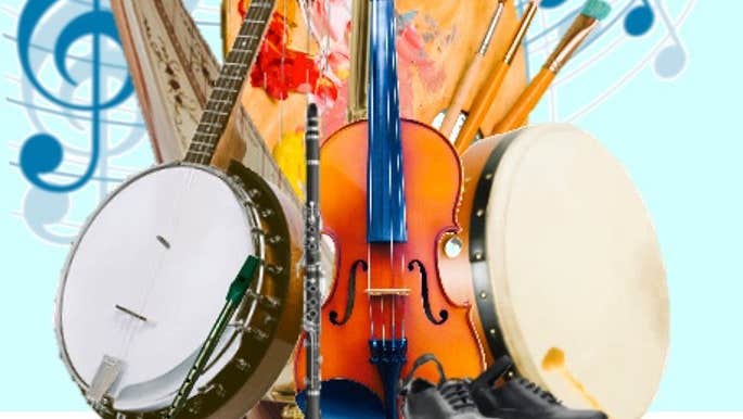 Partial view of collection of musical instruments and black dance shoes.