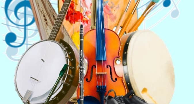 Partial view of collection of musical instruments and black dance shoes.