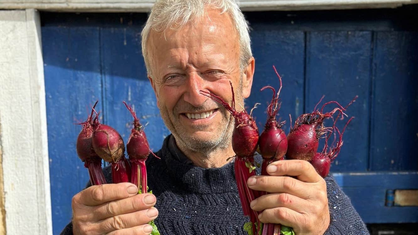 Charles Dowding, shows some of his produce from No Dig principles he uses.