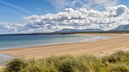 A view of a sandy beach under a blue sky with large clouds