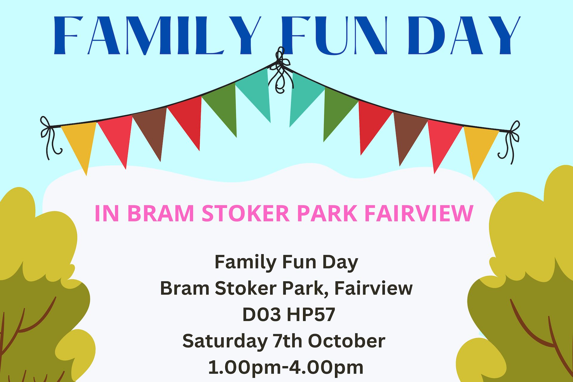 Part of promotional info, drawing of coloured flags in a pale blue sky, green trees either side of event text in centre.