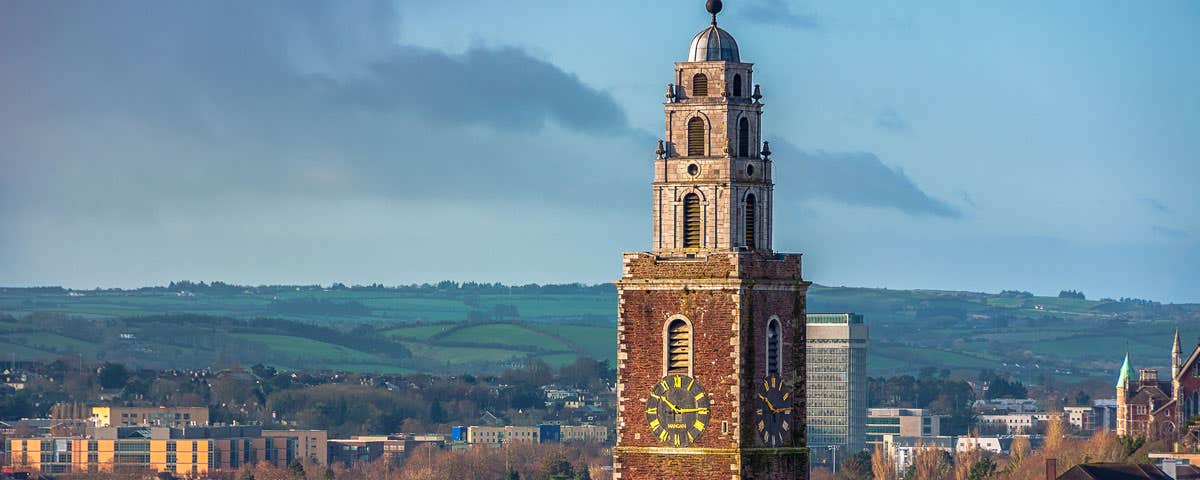 Shandon Bells and Tower aerial view of tower and surrounding city