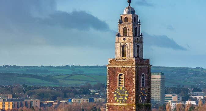 Shandon Bells and Tower aerial view of tower and surrounding city