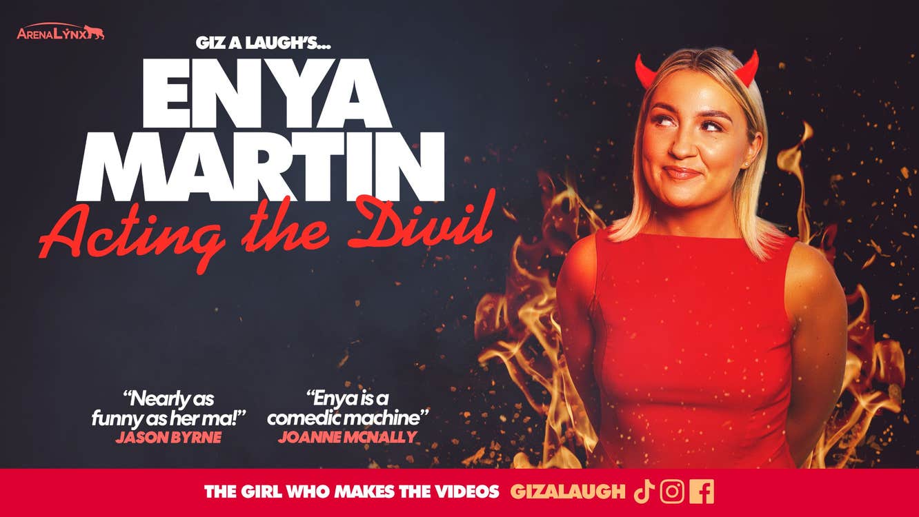 Poster for Enya Martin with Acting the Divil, a woman smirking looking to one side in a red dress with little red horns on her head.