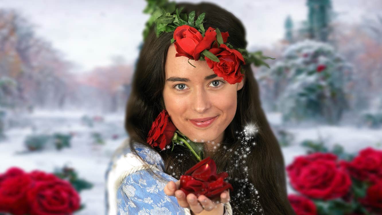 A woman with dark hair is smiling, holding forward a dark red rose in her outstretched hand with dark red roses and green leaves behind her against a snowy outdoors scene.
