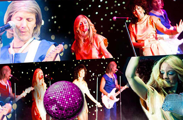 Different photos of group of 2 men and 2 women performing on stage with guitars and dancing.