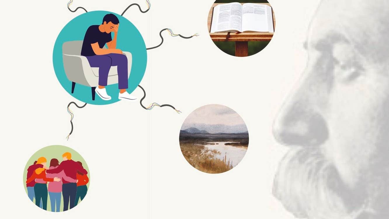 Individual circular images of a book, a waterway, a person seated in a chair seeming stressed and a group with their arms around each other - all on plain, pale background with faded side profile of a face on the right border.