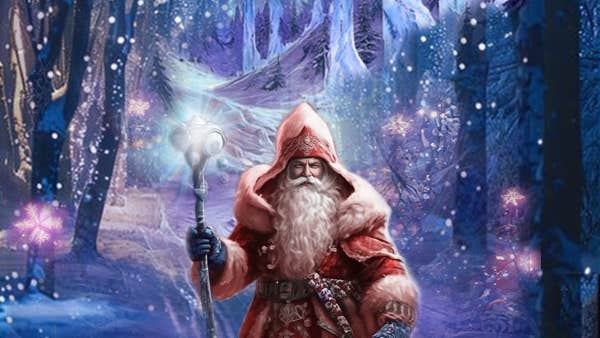 Santa's Ice Palace - Loughcrew Gardens - cartoon type image of wizard santa in dull red outfit in snowy, sparkling wood.