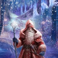 Santa's Ice Palace - Loughcrew Gardens - cartoon type image of wizard santa in dull red outfit in snowy, sparkling wood.