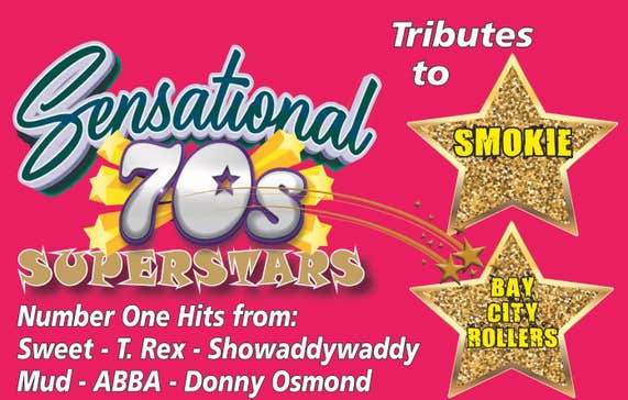 The Sensational 70's Show. Pink poster with 2 large gold stars with text in, large silver event title and white smaller text underneath