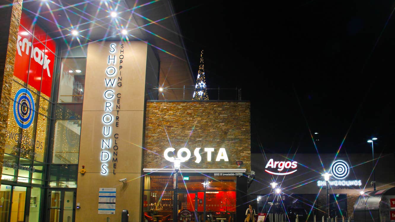 Shopping centre entrance after dark